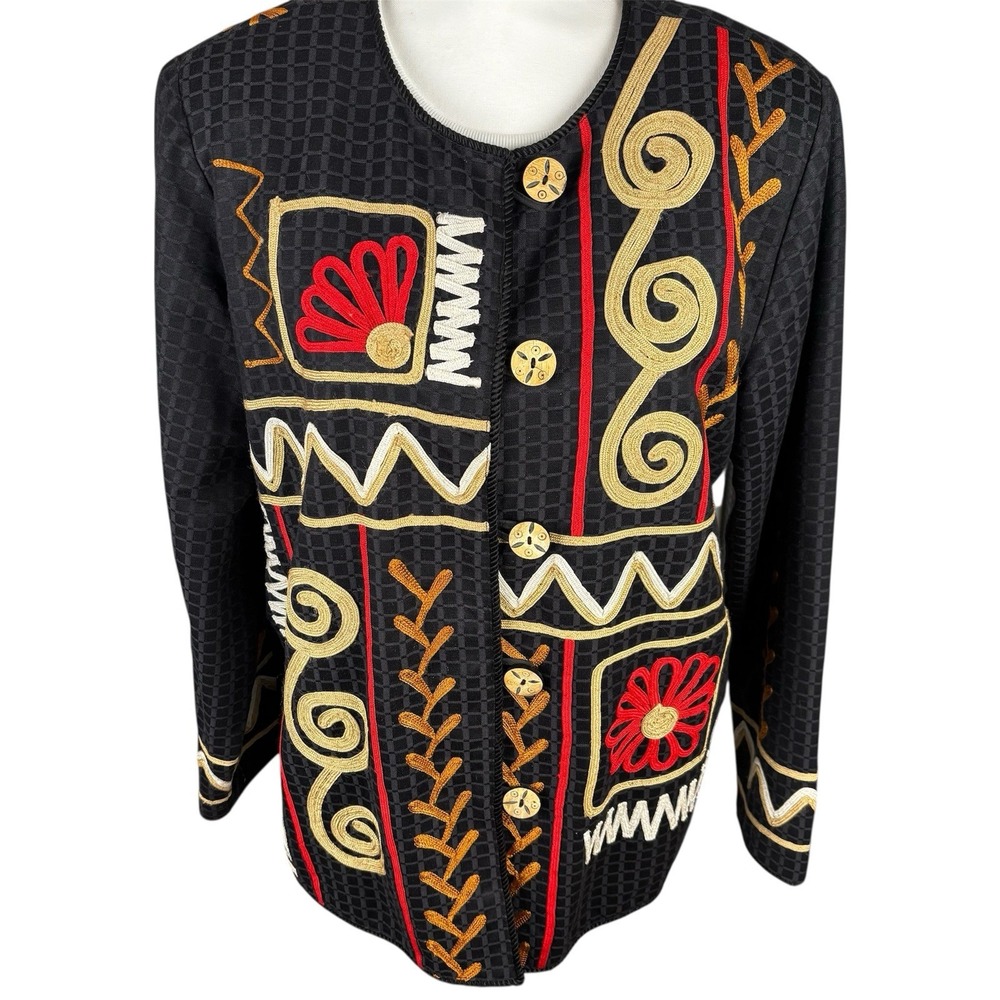 Vtg Alex Kim Womens M Blazer Wood Toggle Buttons Embellished Textured Black Boho